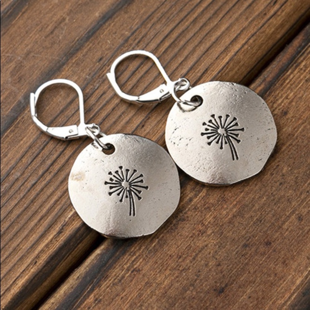 Earrings Silver Dandelion Drop Disc Boho